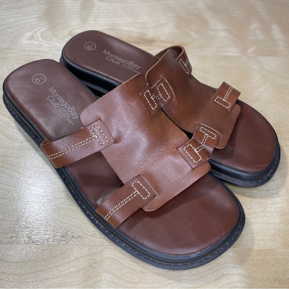Montego Bay Club Leather Collection Square Toe Slide Sandals - Brown